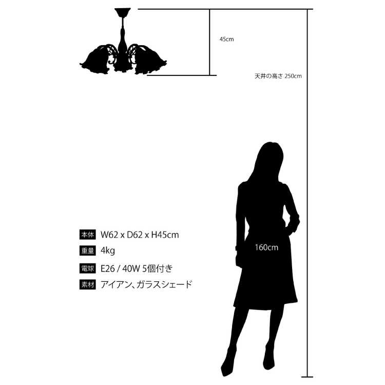 LT-5494お花のガラスシェードがかわいい5灯シーリングライト・アンティークブロンズ色のサイズ詳細画像