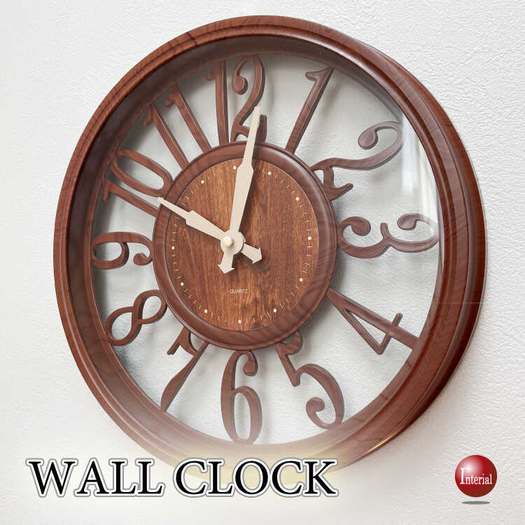 アンティークなナンバーデザイン壁掛け時計（ブラウン色・静かなスイープムーブメント）