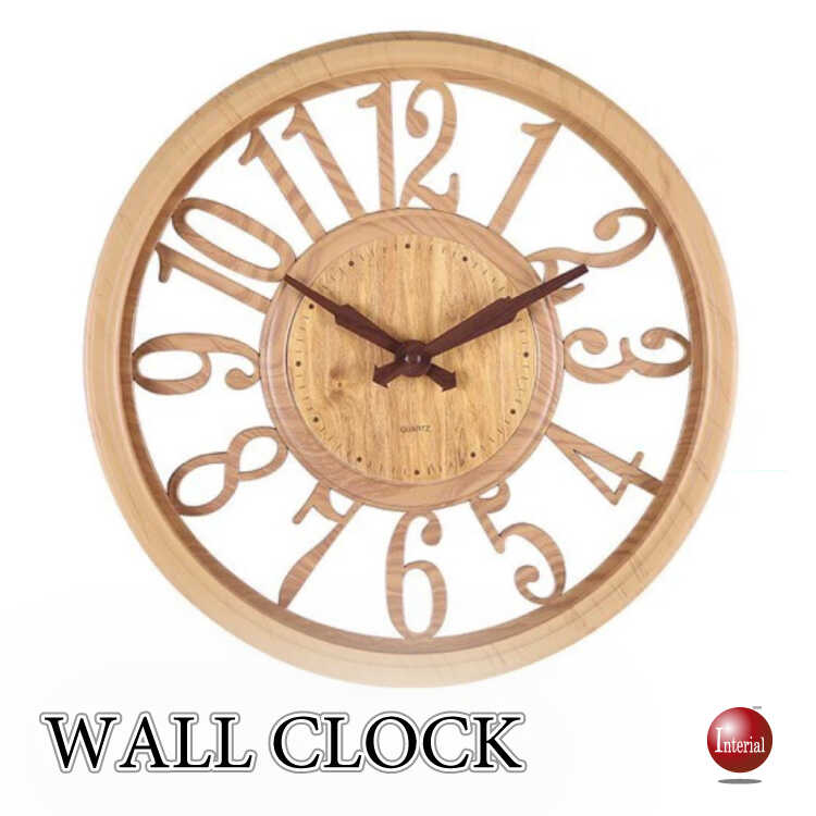 アンティークなナンバーデザイン壁掛け時計（ナチュラル色・静かなスイープムーブメント）