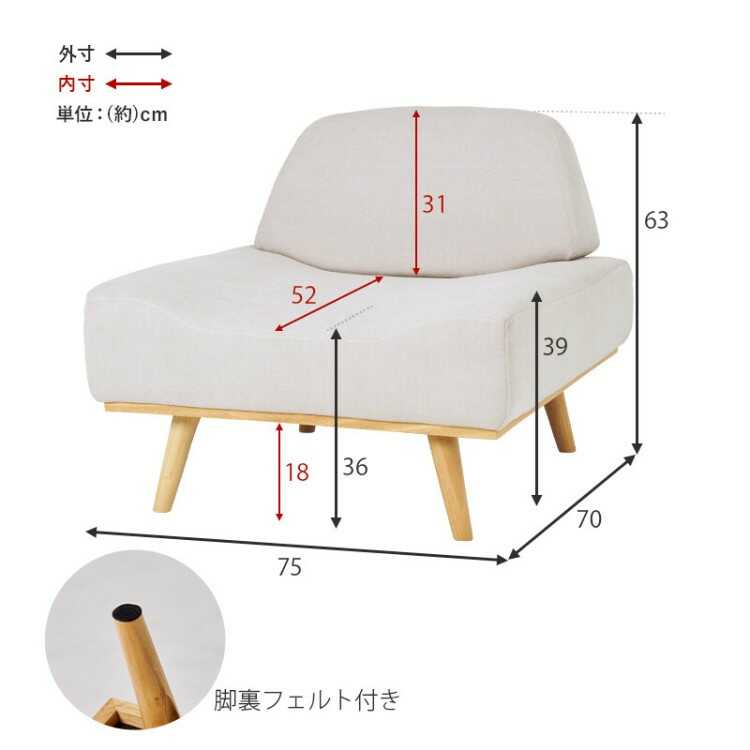 SF-4433コンパクトでも座面が広い肘無しソファーひとりがけ・幅75cm布ファブリック・マスタードイエロー色のサイズ詳細画像