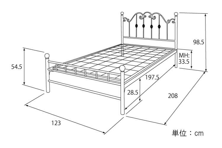 BE-2019 欧風デザイン・スチールベッド（セミダブル）のサイズ詳細画像