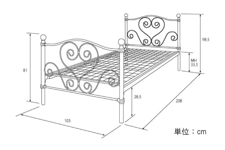 BE-2011 シンデレラデザイン・スチールベッド（シングル）のサイズ詳細画像