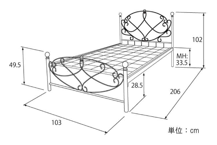 BE-2013 ラインアートデザイン・スチールベッド（シングル）のサイズ詳細画像