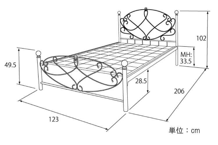 BE-2015 ラインアートデザイン・スチールベッド（セミダブル）のサイズ詳細画像