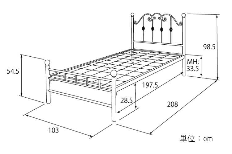 BE-2017 欧風デザイン・スチールベッド（シングル）のサイズ詳細画像