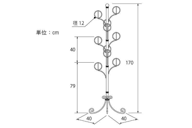 WR-1239 高さ170cm・南欧テイスト・アイアンブラック帽子スタンドのサイズ詳細画像