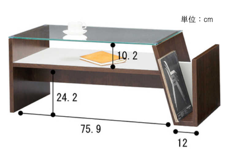 TA-1314 幅90cm・ガラス製ローテーブル（マガジンラック付き）のサイズ詳細画像