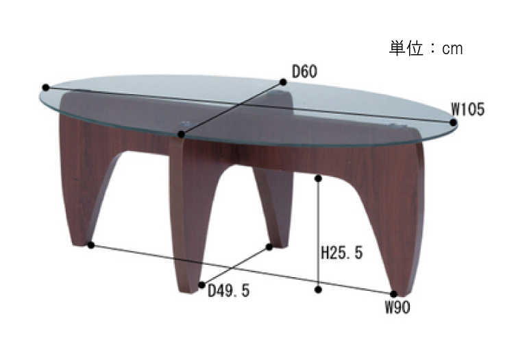 TA-1012 幅105cm楕円形ガラスローテーブルのサイズ詳細画像