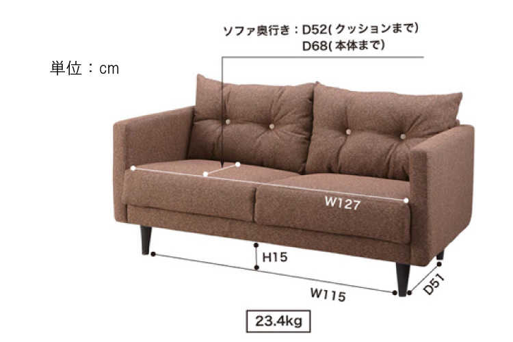 SF-2886 幅144cmグレー2Pソファーのサイズ詳細画像