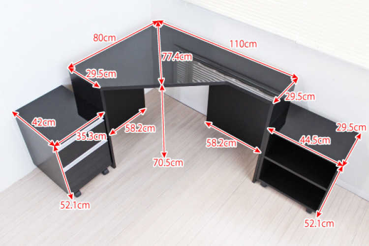 DE-1700 幅110cm・鏡面ブラック天板コーナーデスク＆チェスト＆ラック3点セット（日本製）のサイズ詳細画像