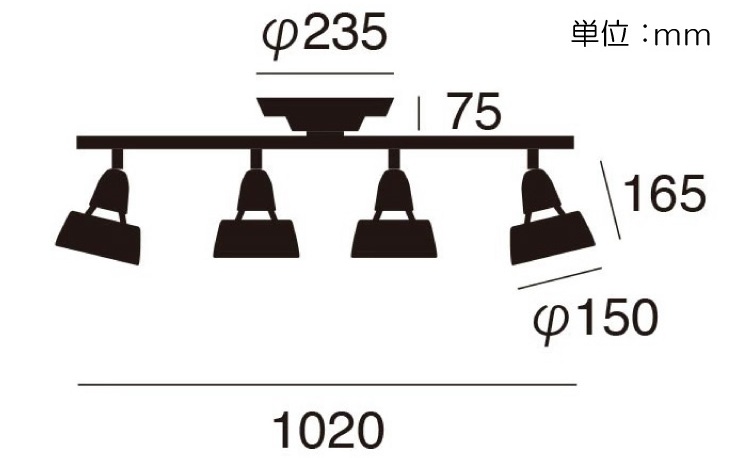 LT-3426 スポット型・リモコン付き4灯シーリングライトのサイズ詳細画像