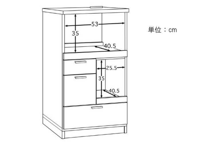 KI-1718 幅58cm・スライド棚付き木目調レンジボード（日本製・完成品）のサイズ詳細画像