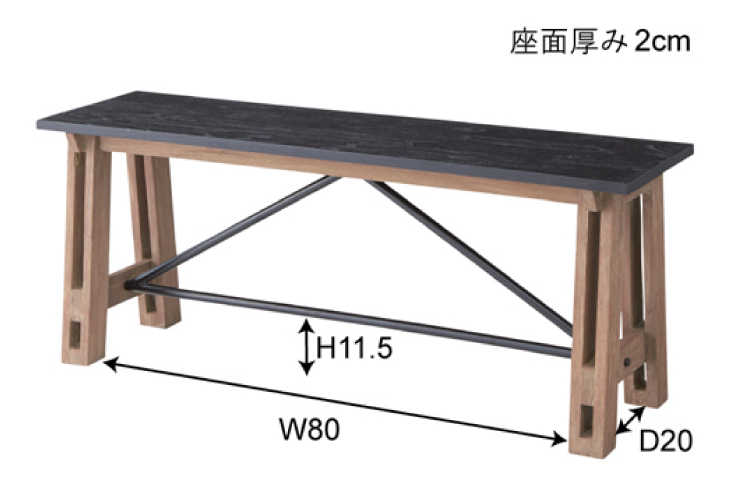 CH-3073 幅115cm・天然木ミンディ製・食卓用ベンチ（ブラック&ブラウン）のサイズ詳細画像