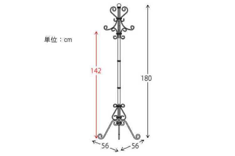 WR-1401 高さ180cm・ラインアートデザイン・ポールハンガー（アンティークゴールド）のサイズ詳細画像