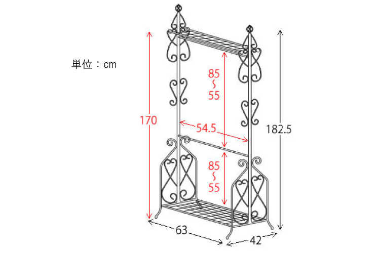 WR-1403 幅63cm・アイアン製曲線デザイン・ダブルハンガーラックのサイズ詳細画像