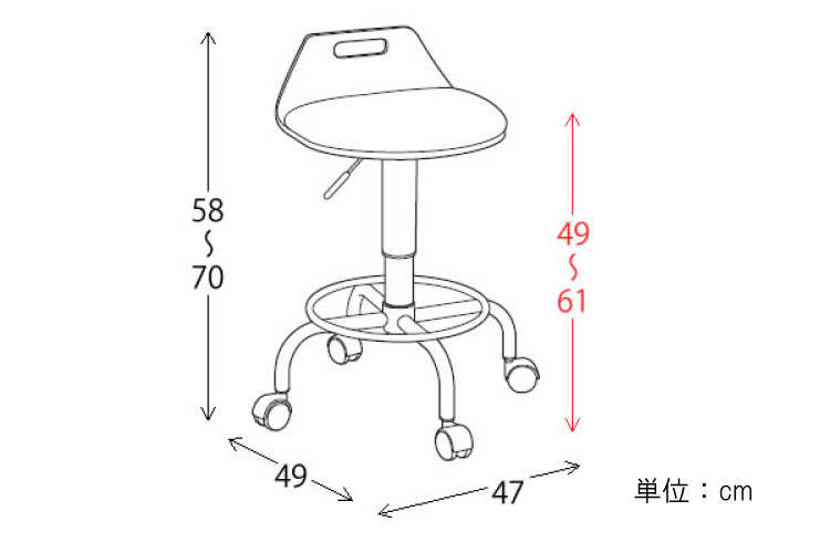 CH-3107 天然木＆PUレザー製・ハイデザインカウンターチェア（キャスター付き）のサイズ詳細画像